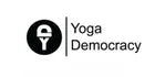 Logo of Yoga Democracy with a black circle and white text on a blue background