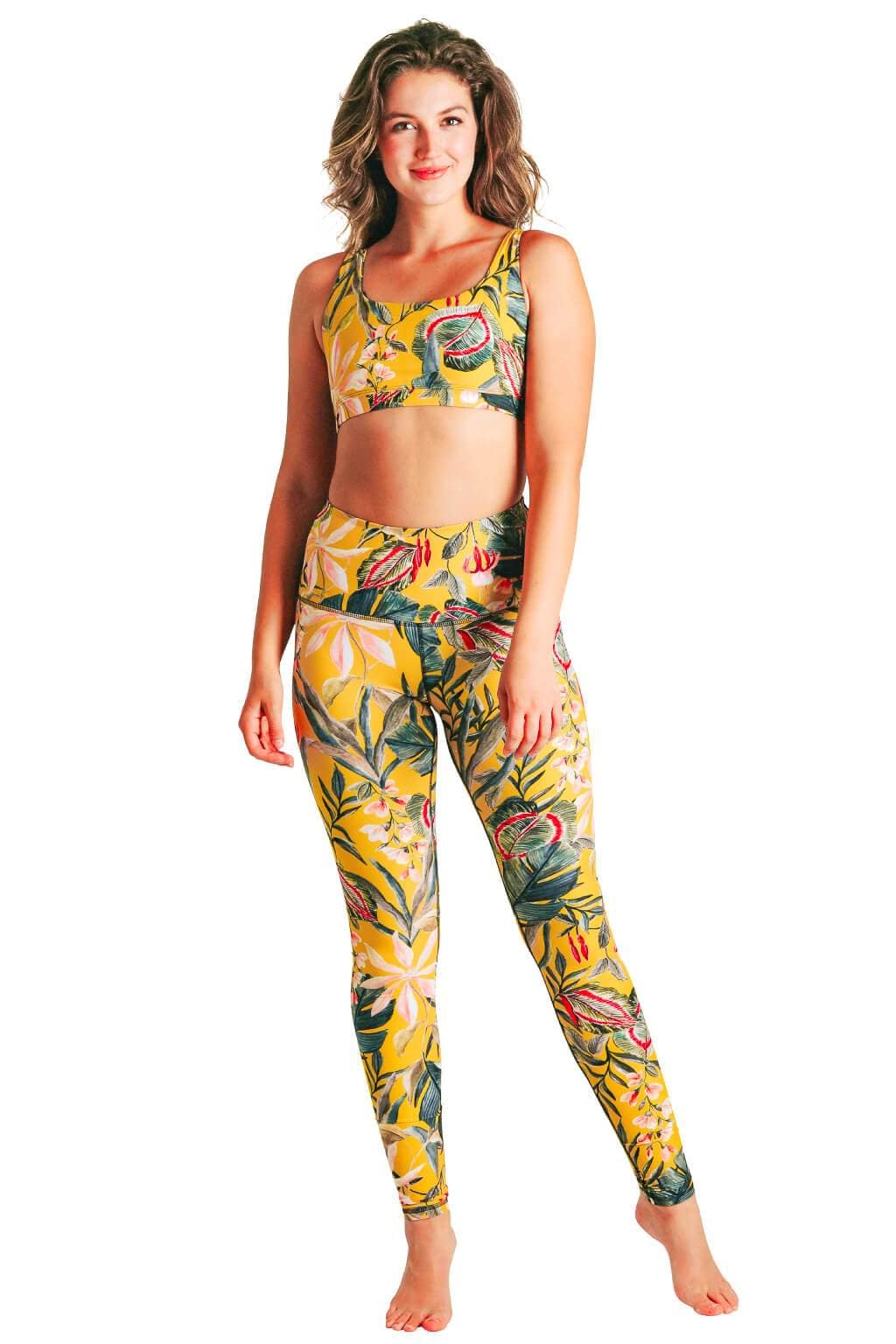 Yoga Democracy Women's Eco-friendly yoga full length leggings in Curry Up yellow with floral print. USA made from post-consumer recycled plastic bottles. Sweat wicking, anti-microbial, and quick dry ultra-soft brushed fabric.