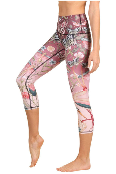 Yoga Democracy Women's Eco-friendly yoga crop Leggings in Pretty in Pink Print made from post consumer recycled plastic