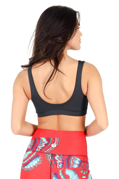 Yoga Democracy Women's Eco-friendly Medium Support Everyday yoga sports Bra in Black humming bird printed fabric made in the USA from post consumer recycled plastic