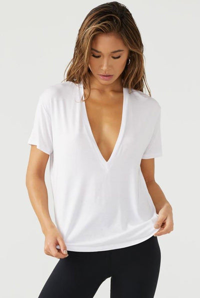 Joah Brown Plunge V Neck T-shirt in White
